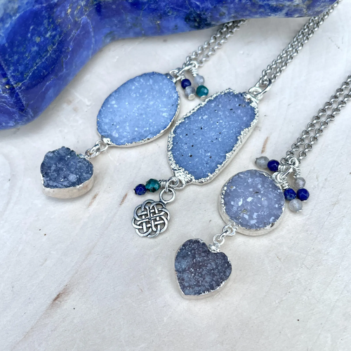 AMETHYST DRUZY NECKLACE, Choice, Silver, Pendant, Gemstone, Heart, Celtic Knot, Blue-Grays, with Lapis Lazuli, Labradorite, Amazonite