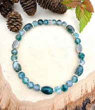 MOSS AGATE BRACELET w/Leaf Beads, Silver, Stretch, Natural Stone, Green Gemstone Crystal, Earthy