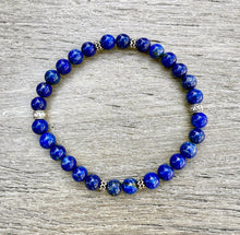 LAPIS LAZULI & SILVER Bracelet, Beaded Stretch, Genuine Deep Blue Natural Stone, Gemstone Crystal
