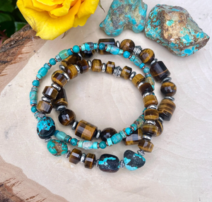 TURQUOISE & TIGER'S EYE Bracelet, Choice, with Silver, Stretch Beaded, Genuine Dragon Skin Turquoise, Gemstone Crystal Stone