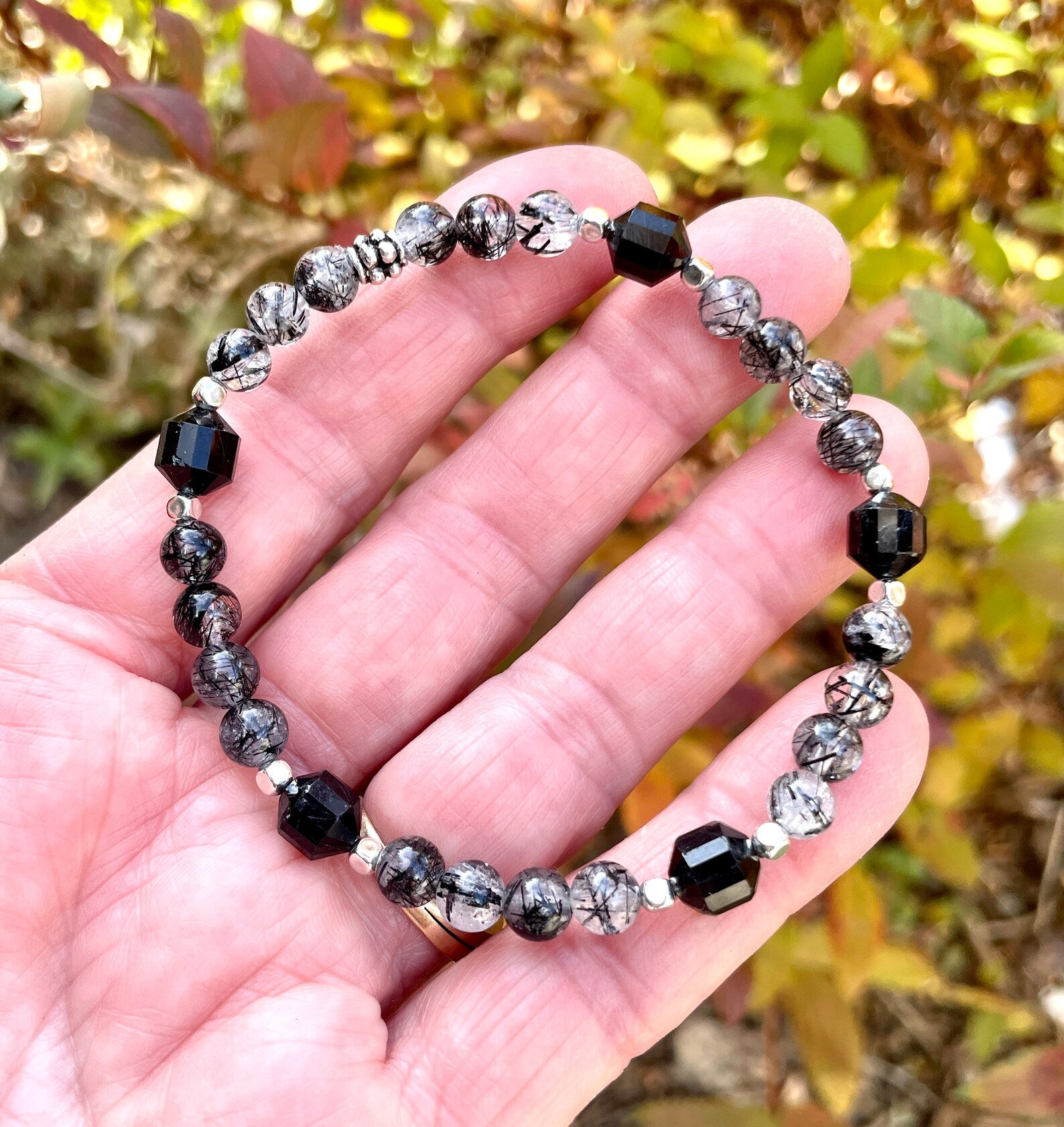 BLACK TOURMALINE RUTILATED Quartz Bracelet, with Silver, Natural