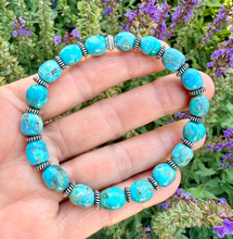 KINGMAN TURQUOISE BRACELET, with Silver, Stretch, Blue Green Potato/Pebble, Beaded, Genuine, Natural Stone Gemstone