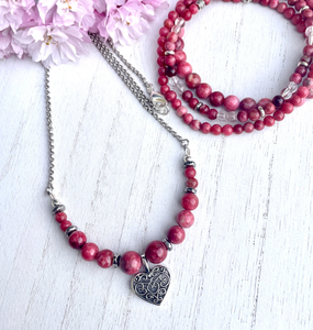 NORWEGIAN THULITE HEART Necklace, Oxidized Silver Chain, 15", 16", 18" Choice, Natural Norway Pink Stone Gemstone Crystal