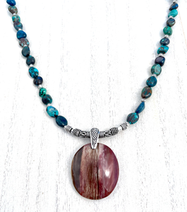 SHATTUCKITE & PETRIFIED WOOD Pendant Necklace, Beaded, Congo Natural Stone, Silver, 20" Gemstone, Crystal Spiritual Gifts