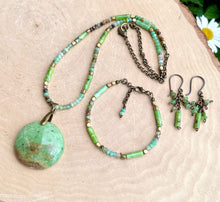 CHRYSOPRASE JEWELRY SET, 20" Necklace, Adjustable Bracelet & Dangling Earrings, Brass Accents, Australian Gemstone, Crystal Natural Stone