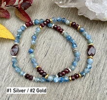 Blue KYANITE & Red GARNET BRACELET, Choice, Silver or Gold, Natural Stone Gemstone Crystal, Beaded Stretch