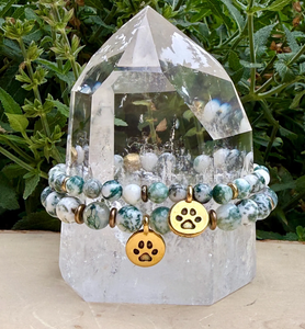 GREEN TREE AGATE Bracelet with Dog Paw Charm, Gold, Stretch, Gemstone Crystal Stone, Dog Lovers Gift