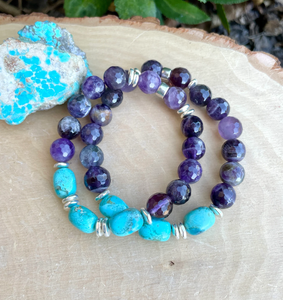 KINGMAN TURQUOISE & AMETHYST Bracelet, Stretch, Beaded, Silver, Natural Stone Gemstone Crystal Quartz