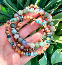 MOSS AGATE & SANDALWOOD Bracelet Stack, Silver, Stretch, Genuine Natural Green Gemstone, Wood, Crystal, Earthy Stone