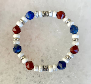 Red, White & Blue GEMSTONE BRACELET, Red Jasper, Lapis Lazuli, Howlite, natural stone, beaded, July 4th jewelry