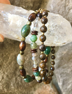 Ocean Jasper, Bronzite, Agate & Wood Beaded Bracelet Stack, world peace, natural stone