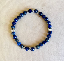 Lapis Lazuli & Silver Beaded Stretch Bracelet, Deep Blue, Natural Stone Gemstone Crystal