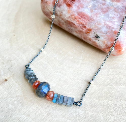 LABRADORITE & SUNSTONE NECKLACE, Oxidized Sterling Silver Chain, natural stone, AAA beads