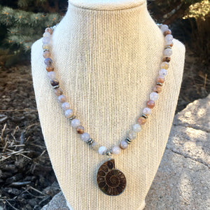 Ammonite Fossil & Blue Chalcedony Beaded Necklace, 18", Namibia natural stone