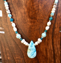 Larimar, Howlite, Apatite & Sterling Silver Necklace, beaded, natural stone, gemstone, 18"-20" adjustable