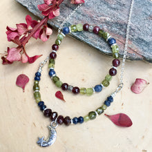 Red Garnet, Green Garnet, Blue Sapphire, Silver Beaded Bracelet, stretch, natural stone