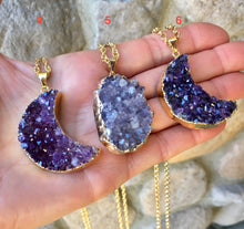 Amethyst Druzy Pendant Necklaces, choice, Moons, Heart, purple, gray, lavender