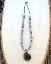 Ammonite Fossil & Blue Chalcedony Beaded Necklace, 18", Namibia natural stone
