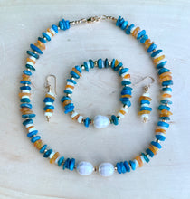 Teal Blue APATITE, AMBER & PEARL Necklace, Bracelet, Earrings, Choice/set, Genuine Natural Stone, Gemstone