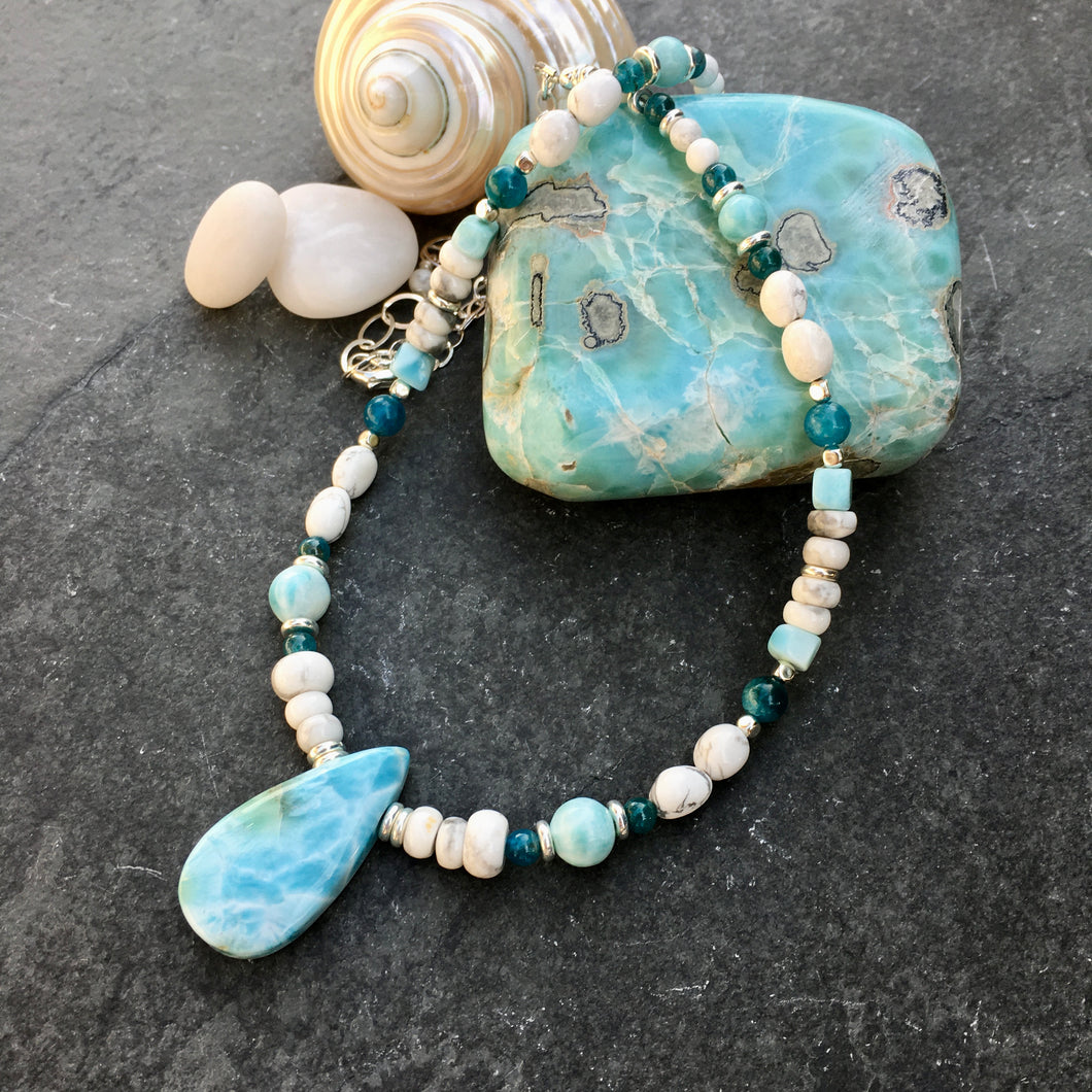 Larimar, Howlite, Apatite & Sterling Silver Necklace, beaded, natural stone, gemstone, 18