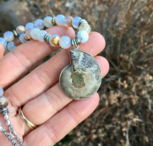 Ammonite Fossil & Blue Chalcedony Beaded Necklace, 18", Namibia natural stone