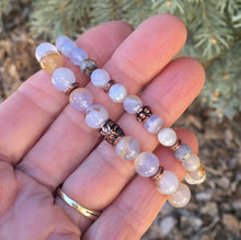 BLUE CHALCEDONY BRACELET Beaded Stretch, Namibia natural stone, golden matrix