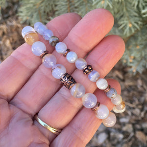 BLUE CHALCEDONY BRACELET Beaded Stretch, Namibia natural stone, golden matrix