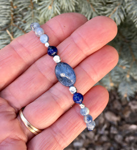 Blue KYANITE & LAPIS LAZULI Bracelet, Beaded Stretch, Silver, Natural Stone Crystal Gemstone