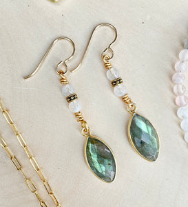 Labradorite Dangle Earrings, with Rainbow Moonstone and Rose Quartz, 14K gold filled, natural stone, dangling gemstone