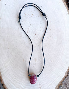 Norwegian Thulite & Lizardite Pendant Necklaces, choice, leather cord, natural Norway stone, gemstone