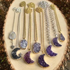 AMETHYST DRUZY PENDANT Necklace, Choice, Moons, Heart, purple, gray, lavender, Natural Stone Crystal Gemstone