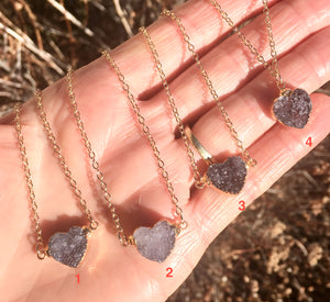 Amethyst Druzy Heart Necklace, gold or silver, pendant, choice, natural stone