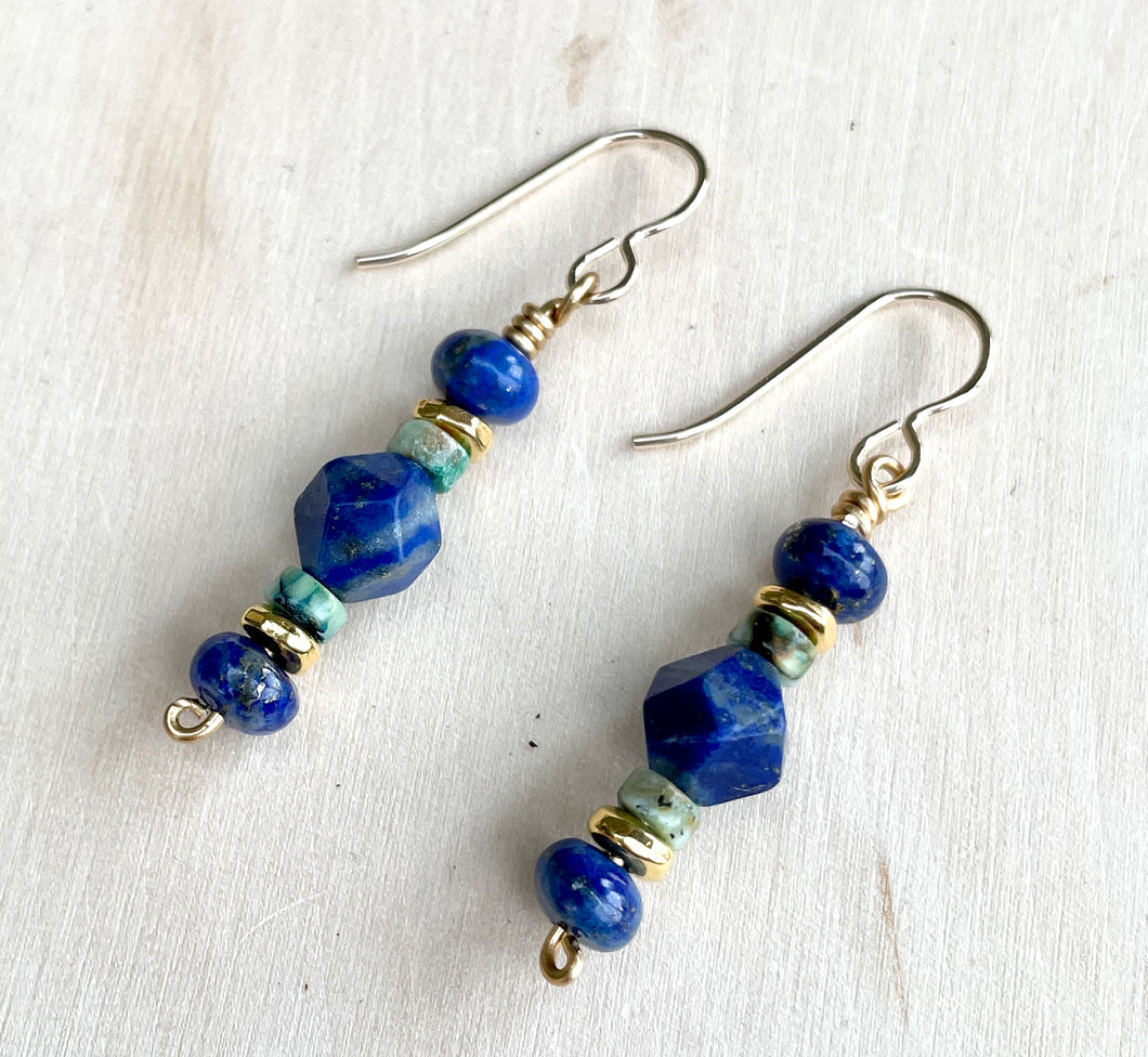 Lapis Lazuli & Azurite Chrysocolla Earrings, 14K gold filled, natural stone