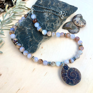Ammonite Fossil & Blue Chalcedony Beaded Necklace, 18", Namibia natural stone