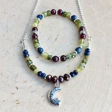 Red Garnet, Green Garnet, Blue Sapphire, Silver Beaded Bracelet, stretch, natural stone