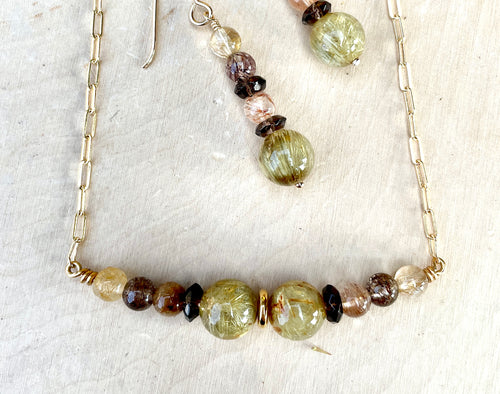Rutile & Smoky Quartz beaded Necklace, 14K gold filled chain, 15