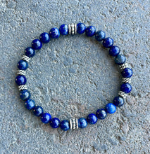 Lapis Lazuli & Silver Beaded Stretch Bracelet, Deep Blue, Natural Stone Gemstone Crystal