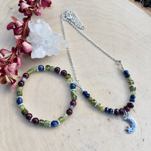 Red Garnet, Green Garnet, Blue Sapphire, Silver Necklace, moon & stars charm, beaded natural stone