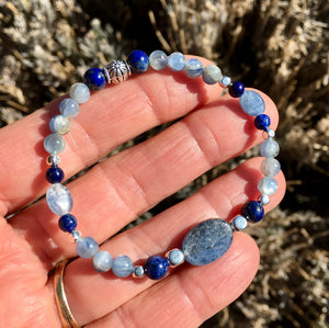 Blue KYANITE & LAPIS LAZULI Bracelet, Beaded Stretch, Silver, Natural Stone Crystal Gemstone
