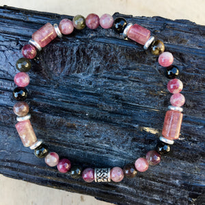 WATERMELON TOURMALINE BRACELET with Silver, Stretch Beaded, Multi-Colored Natural Stone Gemstone Crystal, Pink