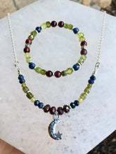 Red Garnet, Green Garnet, Blue Sapphire, Silver Necklace, moon & stars charm, beaded natural stone