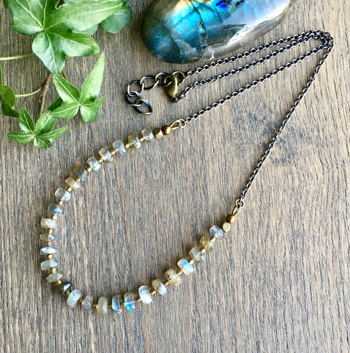 Flashy Labradorite & Antiqued Brass Beaded Necklace, 18-19”, Gemstone Crystal Natural Stone