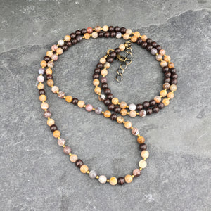 Sunstone, Botswana Agate & Wood Beaded Necklace 34”