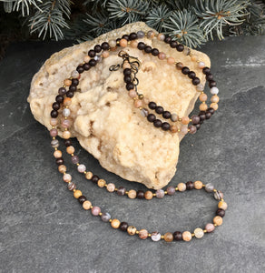 Sunstone, Botswana Agate & Wood Beaded Necklace 34”