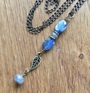 Blue Kyanite, Labradorite & Brass Leaf Necklace, 30" long, natural stone