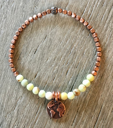 Green Opal & Earth Charm Copper Beaded Stretch Bracelet, natural stone