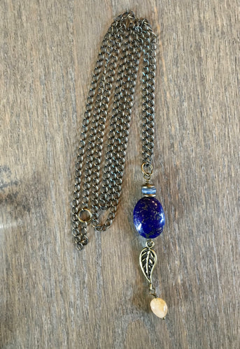 Lapis Lazuli, Kyanite, Citrine & Antiqued Brass Leaf Necklace, 30