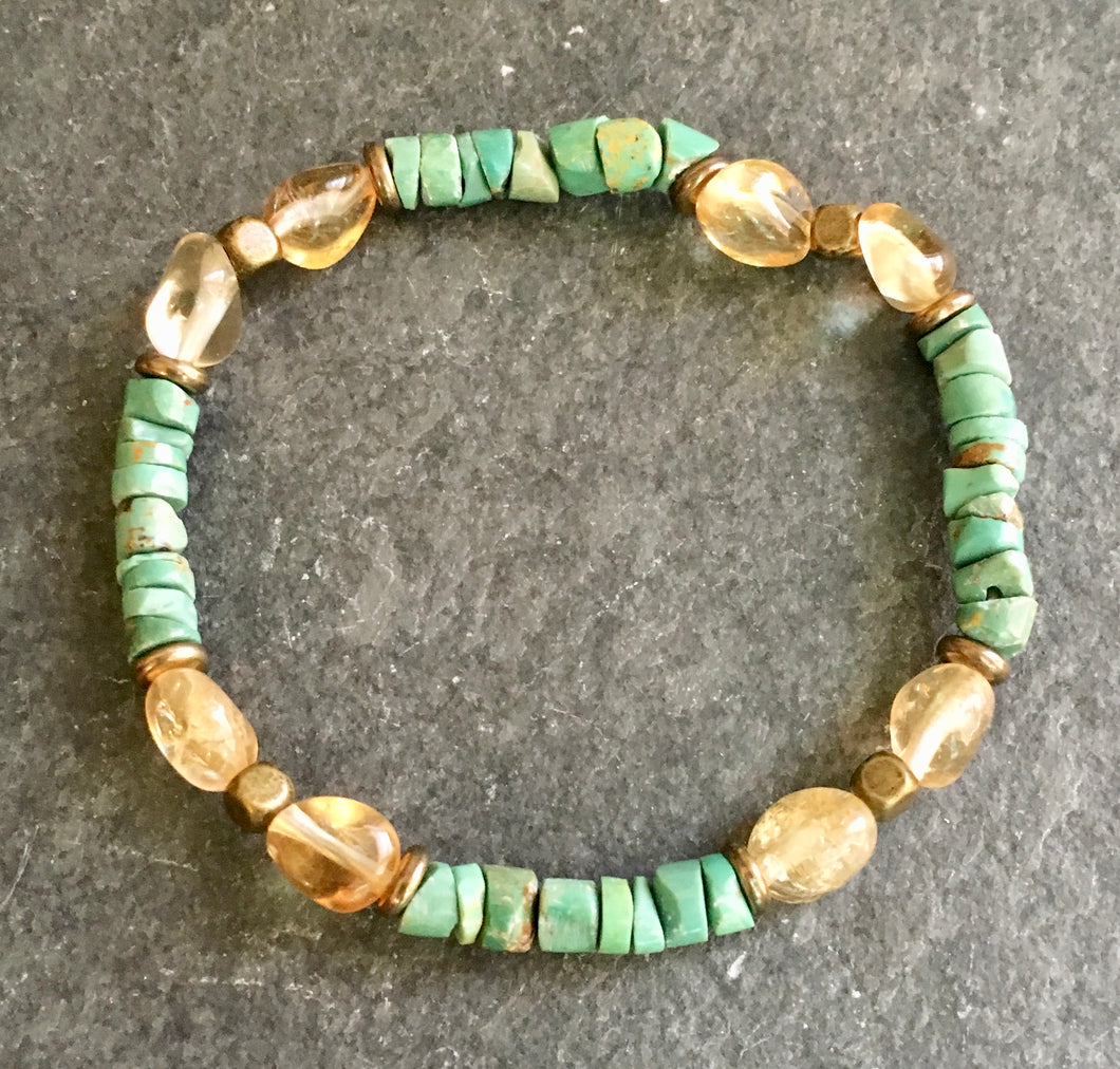 Nevada Green Turquoise & Citrine Beaded Stretch Bracelet, natural stones
