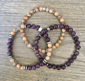 Sunstone Stretch Beaded Bracelet with silver, faceted natural stone