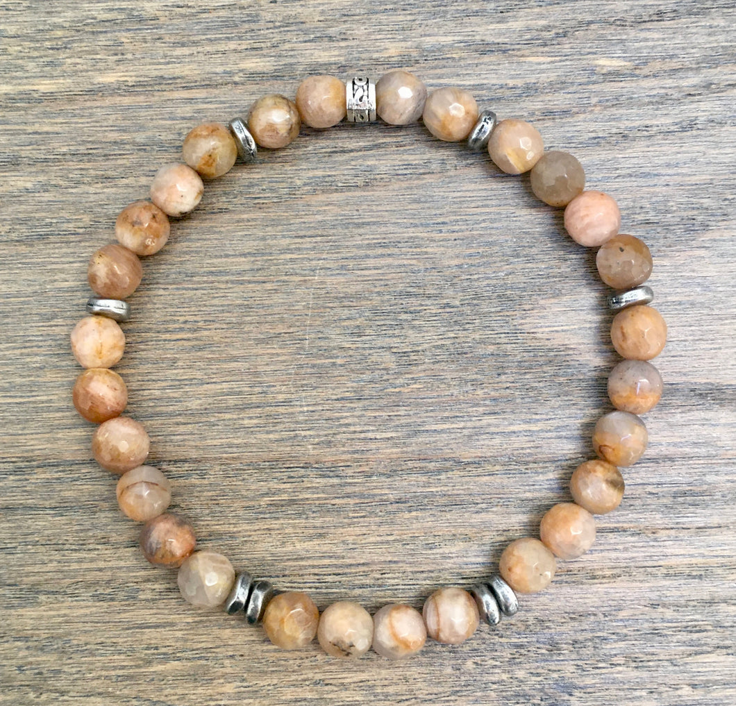 Sunstone Stretch Beaded Bracelet with silver, faceted natural stone